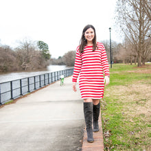 Load image into Gallery viewer, Lifestyle view of our Crimson Stripe Button Dress