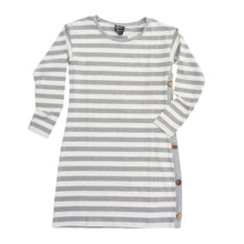 Load image into Gallery viewer, Front view of our Gray Stripe Button Dress