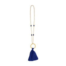 Load image into Gallery viewer, Front view of our Navy Bamboo Tassel Necklace