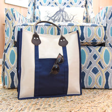 Load image into Gallery viewer, Lifestyle image of our Navy Canvas Breyton tote