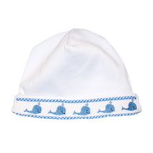 Load image into Gallery viewer, Font view of our Blue Whale Smocked Beanie