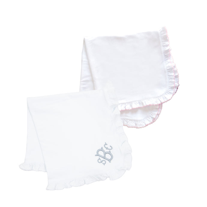 Monogrammed view of our Ruffle Blankets