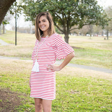 Load image into Gallery viewer, Lifestyle view of our Coral Bell Sleeve Stripe Dress