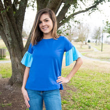 Load image into Gallery viewer, Lifestyle view of our Navy Bell Sleeve Shirt