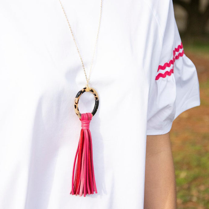 Lifestyle view of our Pink Blonde Tortoise Tassel Necklace
