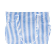 Load image into Gallery viewer, Front view of our Blue Stripe Vinyl Diaper Bag