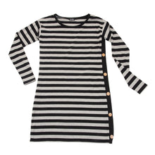 Load image into Gallery viewer, Front view of our Black and Gray Stripe Long Sleeve Button Dress