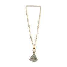 Load image into Gallery viewer, Front view of our Gray Fall Ceramic Bead Tassel Necklace