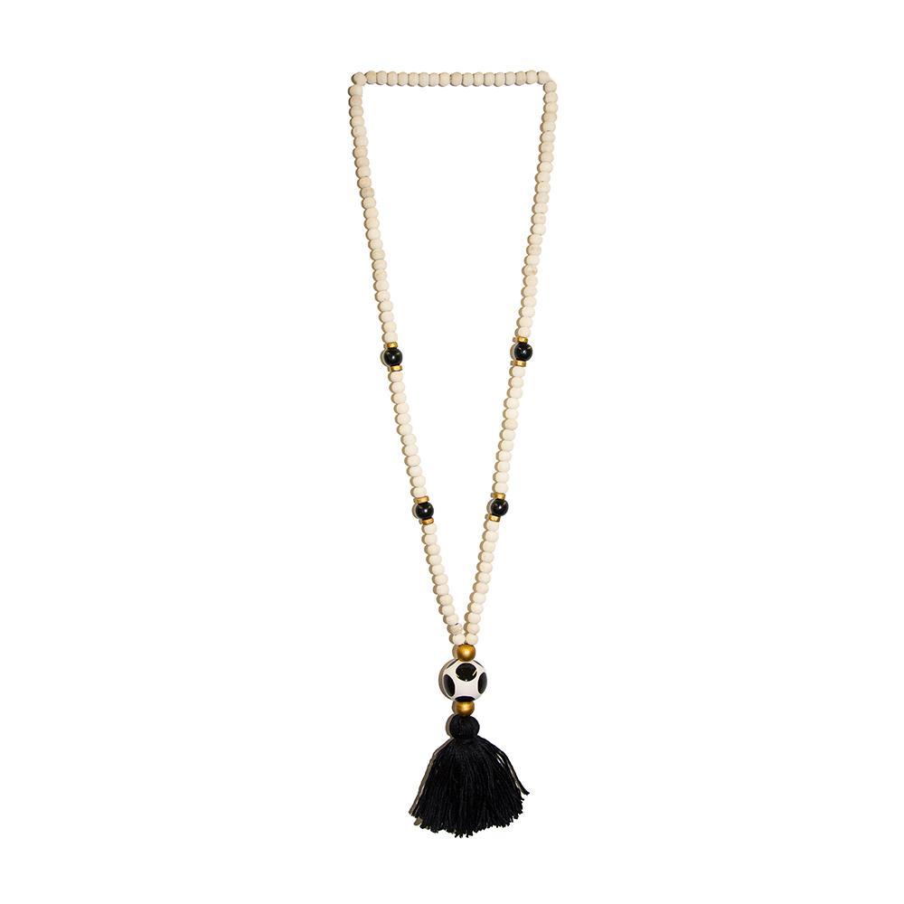 Front view of our Black Fall Ceramic Bead Tassel Necklace