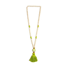 Load image into Gallery viewer, Front view of our Lime Fall Ceramic Bead Tassel Necklace