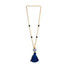 Load image into Gallery viewer, Front view of our Navy Fall Ceramic Bead Tassel Necklace