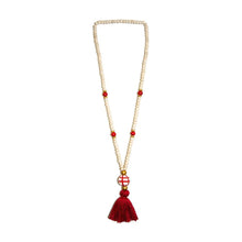 Load image into Gallery viewer, Front view of our Red Fall Ceramic Bead Tassel Necklace