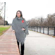Load image into Gallery viewer, Lifestyle view of our Black Stripe Fringe Poncho