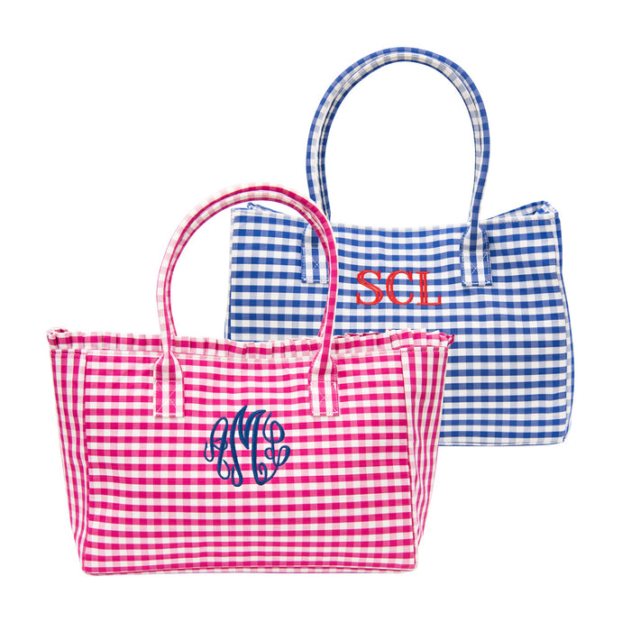 Monogrammed view of our Gingham Diaper Bags