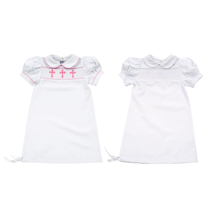 Front view of the pink and white girl's christening day gowns