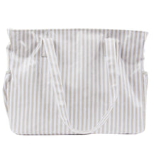 Load image into Gallery viewer, Front view of our Gray Stripe Vinyl Diaper Bag