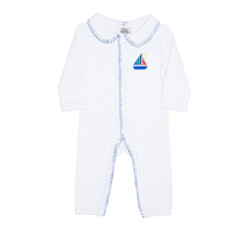 Load image into Gallery viewer, Front view of our Boy Green Sailboat Convertible Onesie