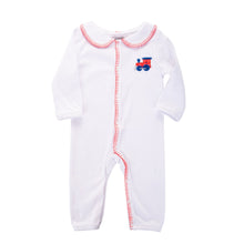 Load image into Gallery viewer, Front view of our Boy Red Train Convertible Onesie