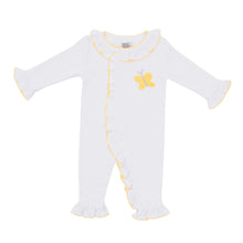 Load image into Gallery viewer, Front view of our Yellow Butterfly French Knot Convertible Onesie