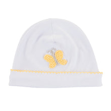 Load image into Gallery viewer, Front view of our Yellow Butterfly French Knot Beanie