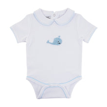 Load image into Gallery viewer, Front view of our Blue Whale French Knot Onesie