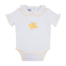 Load image into Gallery viewer, Front view of our Yellow Butterfly French Knot Onesie