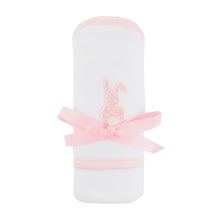 Load image into Gallery viewer, Front view of our Pink Bunny French Knot Hooded Towel