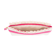 Load image into Gallery viewer, Top view of our Pink Monogram Linen Ruffle Pouch