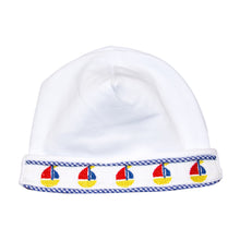 Load image into Gallery viewer, Font view of our Navy Boat Smocked Beanie