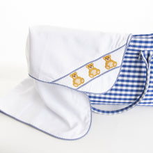 Load image into Gallery viewer, Lifestyle image of our Navy Bear Smocked Blanket