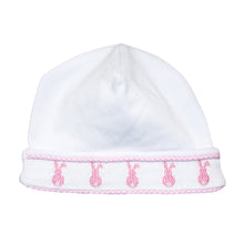 Load image into Gallery viewer, Font view of our Pink Bunny Smocked Beanie