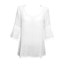 Load image into Gallery viewer, Front image of our White Pom Pom Shirt