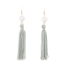 Load image into Gallery viewer, Front view of our Gray Pearl Tassel Earrings