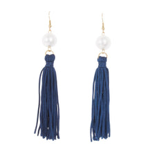 Load image into Gallery viewer, Front view of our Navy Pearl Tassel Earrings