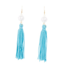 Load image into Gallery viewer, Front view of our Turquoise Pearl Tassel Earrings