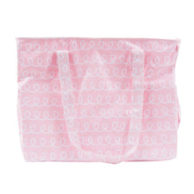 Load image into Gallery viewer, Front view of our Pink Swirl Vinyl Diaper Bag