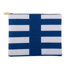 Load image into Gallery viewer, blue and white stripe pouch with bamboo zipper pull