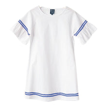 Load image into Gallery viewer, Front view of our White Blue Ric Rac Dress