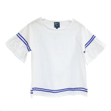 Load image into Gallery viewer, Front view of our White Blue Ric Rac Shirt