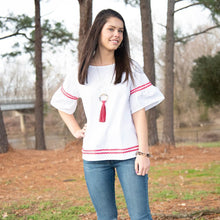 Load image into Gallery viewer, Lifestyle view of our White Pink Ric Rac Shirt