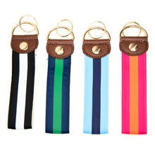 Load image into Gallery viewer, Front view of the 4 styles of canvas ribbon key fobs