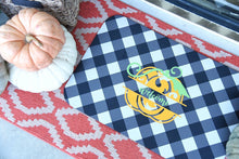 Load image into Gallery viewer, black and white check door mat with heat press vinyl pumpkin