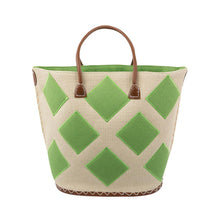 Load image into Gallery viewer, Natural tote with lime green diamonds
