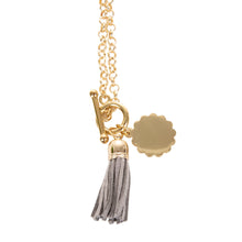 Load image into Gallery viewer, View of our Gray Tassel Necklace with Scallop Disc