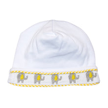 Load image into Gallery viewer, Font view of our Yellow Elephant Smocked Beanie