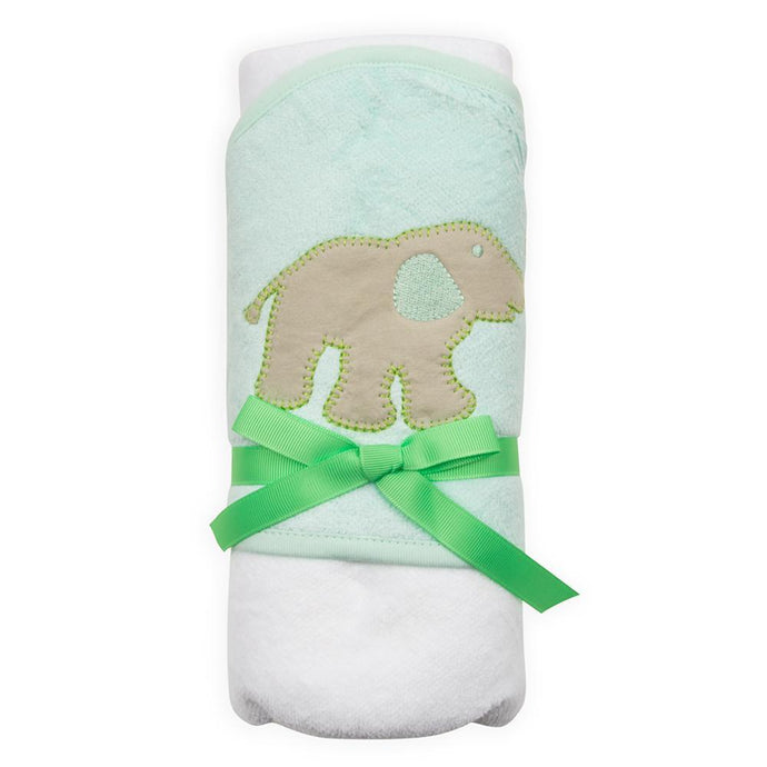 Front view of the elephant hooded towel with green ribbon