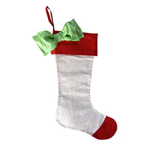 Load image into Gallery viewer, Front view of our Metallic Bow Red Cuff Linen Stocking