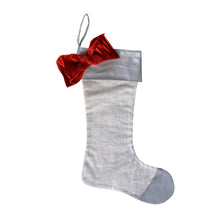 Load image into Gallery viewer, Front view of our Metallic Bow Silver Cuff Linen Stocking