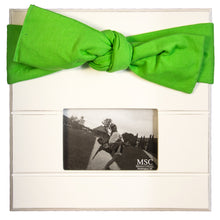 Load image into Gallery viewer, White picture frame with lime canvas bow