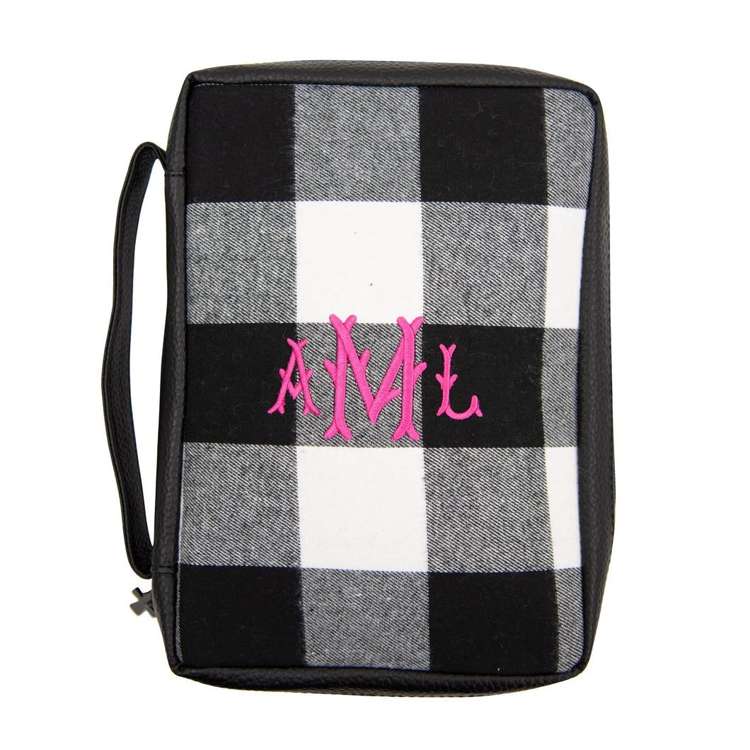 Monogrammed view of our Buffalo Check Bible Carrier